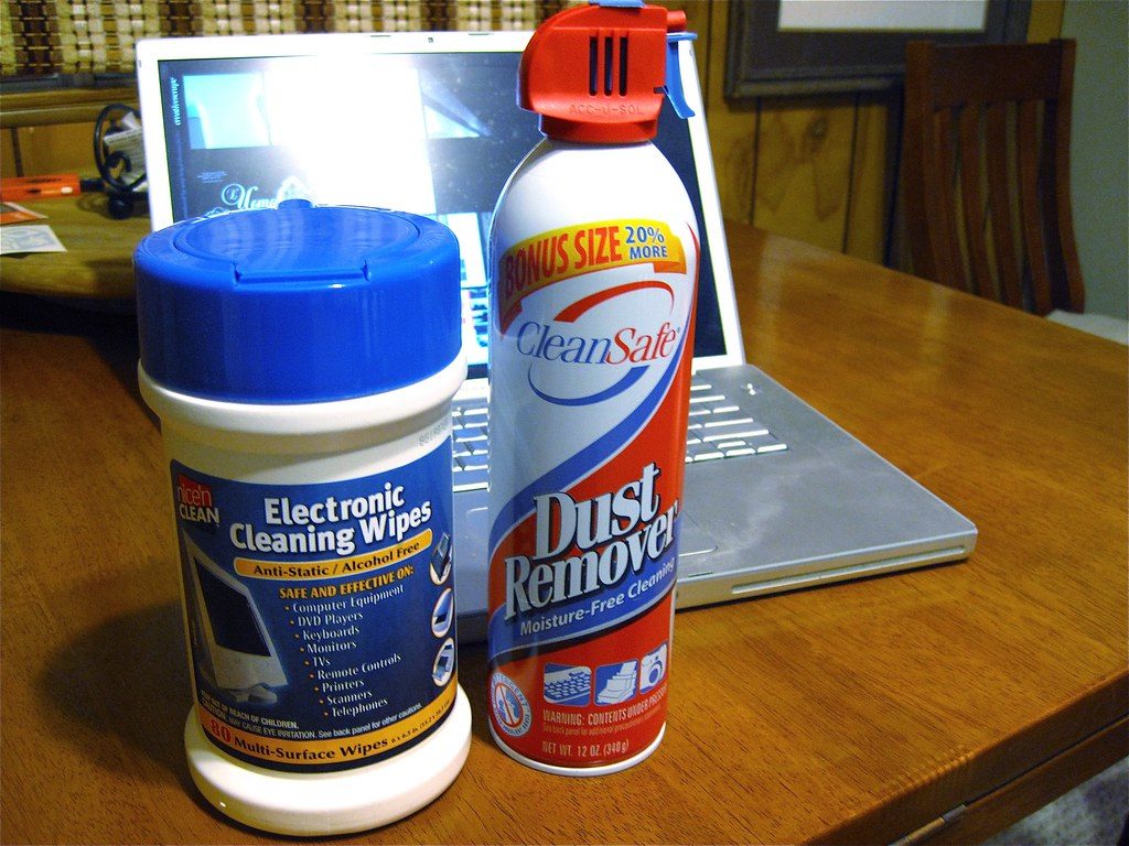 Electronic cleaning wipes and compressed air duster used for computer preventive maintenance